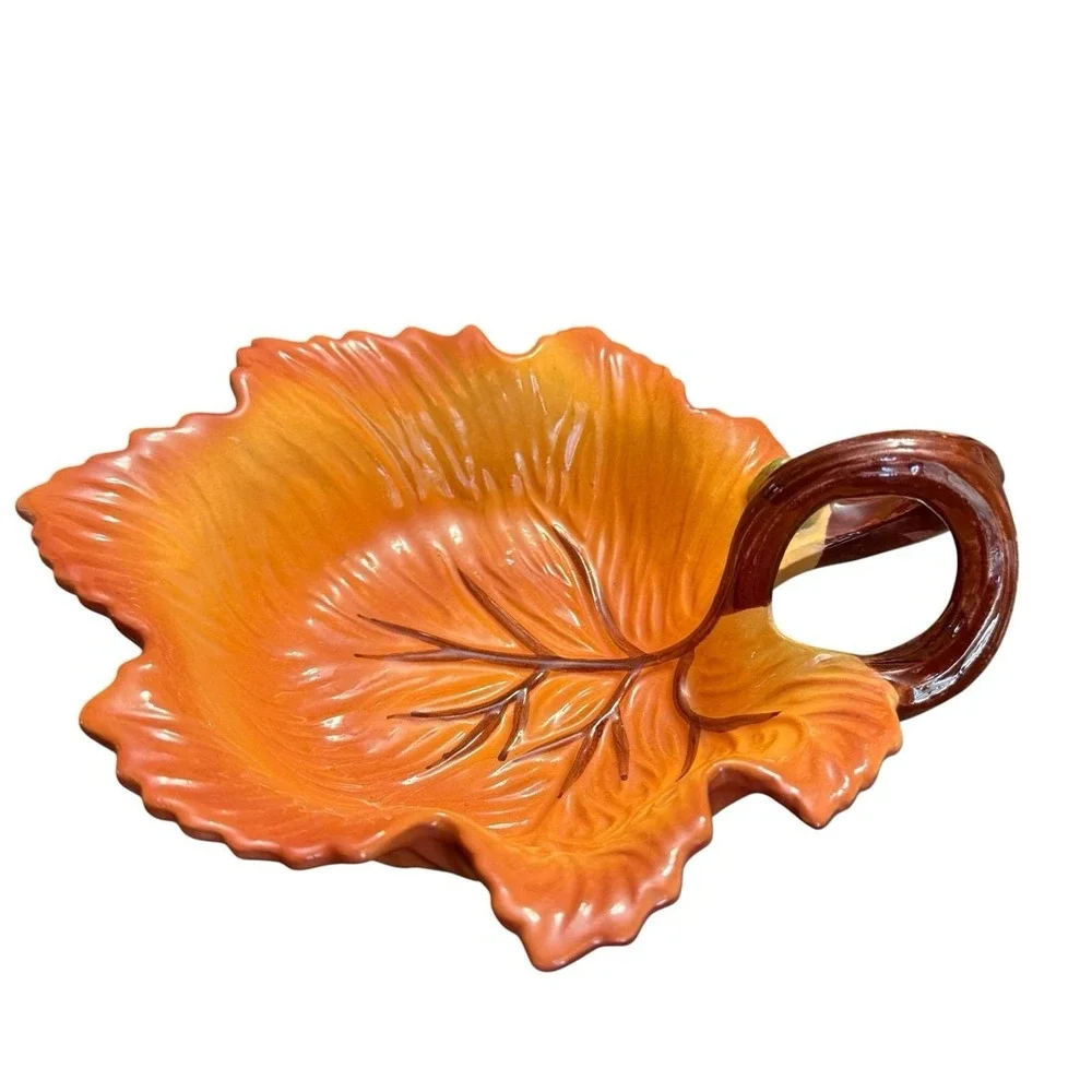 FIGI Autumn Leaf Handled Bowl Candy Nut Dish Fall Thanksgiving Orange Ceramic